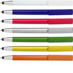 A collection of ABS 3-in-1 ballpens in various colours, featuring stylus tips and chrome accents.