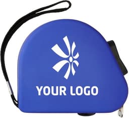A blue tape measure with a rounded design and a strap. It features a logo on the surface.