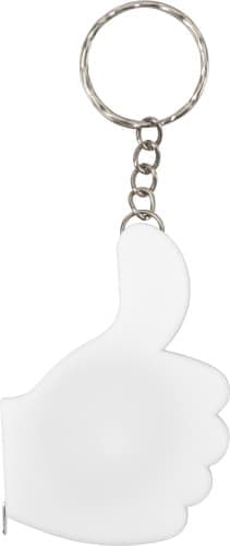 A white key holder shaped like a thumbs-up, featuring a metal keyring and chain.