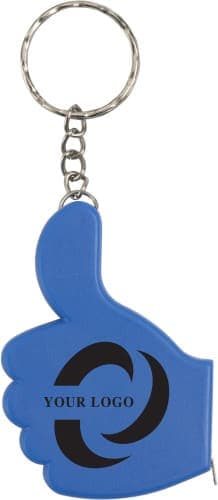 A blue 2-in-1 key holder in the shape of a thumbs-up, featuring a logo on the front.