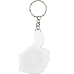 A white key holder shaped like a thumbs-up with a metallic keyring. Features a chain attachment.
