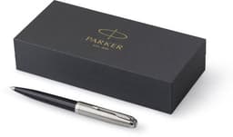 A Parker 51 ballpoint pen in black and silver, placed next to a sleek black box featuring a logo.