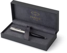 A metal ballpen in a sleek black box, featuring a silver and black design, with a brand logo inside.