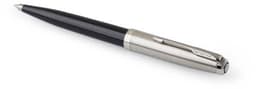 A sleek black and silver metal ballpen with a clip and polished finish, featuring branding.