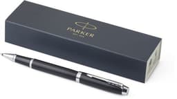 A black Parker IM rollerball pen next to its sleek packaging, featuring a logo on the box.