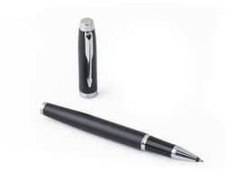A black metal rollerball pen with a silver clip, positioned with its cap off, showcasing a sleek design.
