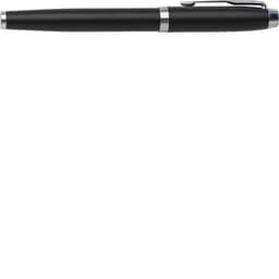 A sleek black Parker IM rollerball pen with a silver clip and accents, featuring a logo on the body.