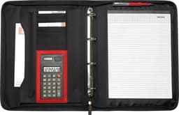 A black polyester portfolio featuring a calculator, notebook, and pockets for documents, with a red pen included.