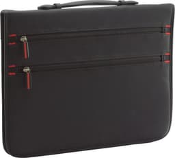 A black polyester portfolio featuring two zippered pockets with red detailing, designed for office and business use.