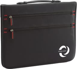A black polyester portfolio with two zippered pockets and a logo on the front.