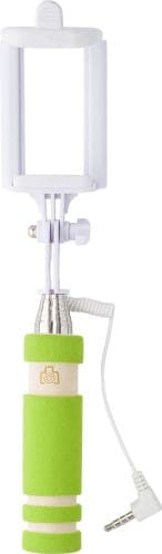 A green and white ABS selfie stick with a phone holder and a headphone jack connector. It has a logo on the handle.