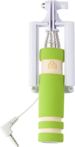 A green and white ABS selfie stick with a textured grip and a headphone-style connection cable. It features a branding logo.