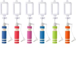 A collection of ABS selfie sticks in pink, white, orange, green, and blue, featuring a clamp and audio jack connection.
