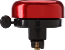 A shiny red aluminium bicycle bell with a black base and a lever on the side. It has a smooth, rounded design.