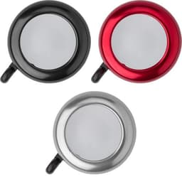 A set of three aluminium bicycle bells in black, red, and silver, each featuring a logo.