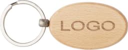 A wooden key holder with a light wood finish and a keyring attachment, featuring an engraved logo.