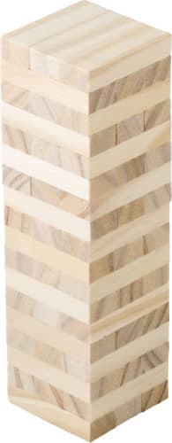 A wooden skills game featuring stacked light-coloured wooden blocks arranged in a rectangular tower.