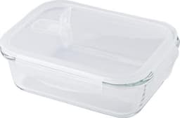 A clear glass lunchbox with a transparent lid, featuring a sleek rectangular design. It has a logo on the lid.