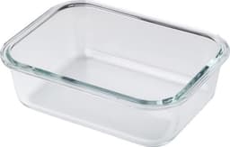 A rectangular glass lunchbox, transparent and without a lid, featuring a sturdy design.