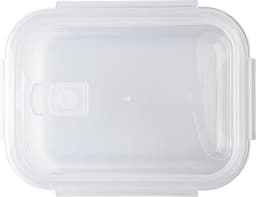 A clear glass lunchbox with a lid, featuring a locking mechanism. It has a rectangular shape.