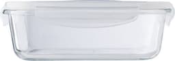 A clear glass lunchbox with a white lid, featuring a rectangular shape and a secure fastening.