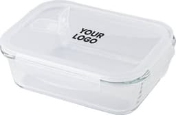 A glass lunchbox with a clear lid and a branding logo. Ideal for storing food.