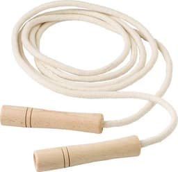 A cotton skipping rope with wooden handles in a natural light colour, featuring a simple design and branding on the handle.