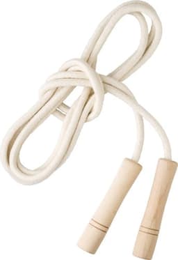 A cotton skipping rope with wooden handles, featuring a natural cream colour and a simple, knotted design.