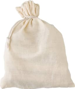 A cotton drawstring bag in natural cream colour, featuring a gathered top and tied closure.
