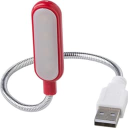 A red and white USB laptop light with a flexible metal gooseneck. It features a logo on the body.