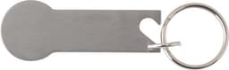 A stainless steel multifunctional key chain with a bottle opener and a circular end. Features a metal ring for attachment.