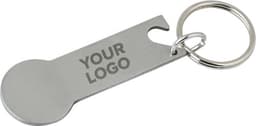 A stainless steel multifunctional keychain with a rounded end and a keyring attachment, featuring a logo.