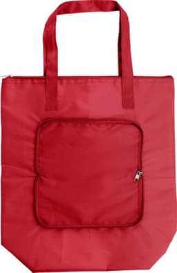 A red polyester cooler bag with two handles and a front pocket. The bag has a zip closure and features a logo.