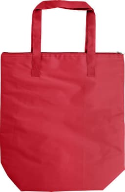 A red cooler bag with two handles, featuring a zip closure and a simple design. It has a logo on the front.