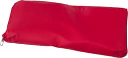 A red polyester cooler bag with a zipper and a small logo on the side.