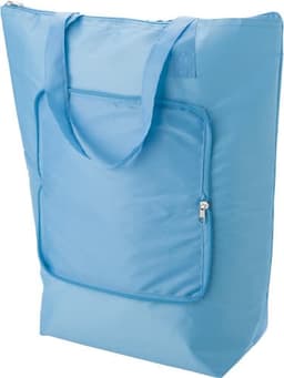 A blue polyester cooler bag with a front zippered pocket and dual handles. Features a logo on the front.