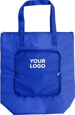 A blue polyester cooler bag with a front zipper pocket and two sturdy handles, featuring a logo.