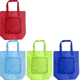 A collection of polyester cooler bags in red, light blue, lime green, and dark blue, each with a front pocket and logo.