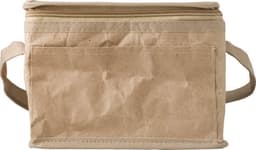 A tan, paper woven cooler bag with a zip closure and side handles, featuring a plain front panel.