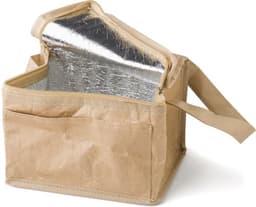 A paper woven cooler bag in beige with a silver insulated interior and a shoulder strap. It includes an external pocket.