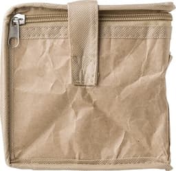 A brown paper woven cooler bag with a zip closure and a strap. It features a textured design and a logo.