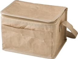 A paper woven cooler bag in a natural beige colour with a zip closure and side handle.