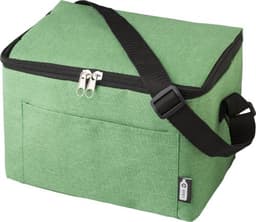 A green polyester cooler bag with a zip closure and adjustable strap. It includes a front pocket and a logo.