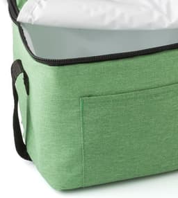 A green polyester cooler bag with a zippered top and a white interior, featuring a side pocket.