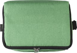 A green polyester cooler bag with a zipper and black detailing. Features a logo on the front.