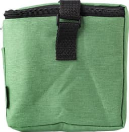 A square, green cooler bag made of durable polyester with a zipper closure and a strap for easy carrying.