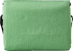 A green polyester cooler bag with a textured surface and a shoulder strap, featuring a logo on the side.