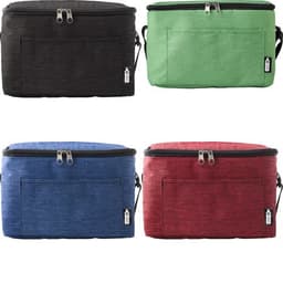 A cooler bag with a zippered closure, available in black, green, blue, and red, featuring a front pocket and branding.