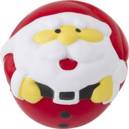 A red and white Santa Claus anti-stress ball with a smiling face and yellow details, featuring a logo.