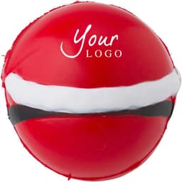 A red Santa Claus anti-stress ball with black and white detailing, featuring a logo on one side.